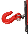 Close-up of red hook on Rock Solid CNC Dual Motor Winch for RC Cars, showing cable attachment for realistic offroad recovery.
