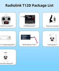 Radiolink T12D 12CH RC Transmitter package including R12F Receiver, accessories, and manual.