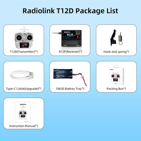 Radiolink T12D 12CH RC Transmitter package including R12F Receiver, accessories, and manual.