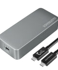 M.2 NVMe SSD Enclosure Delivers Sick 40Gbps Thunderbolt Speeds And Boss Level 3000Mbps Transfer Rate For Next Level Portable Storage with a sleek gray housing and included USB-C cables.
