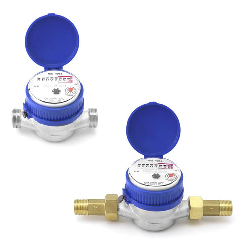Two Pack Water Meter For Cold Water With Pulse Output Half Inch BSPT Thread And Half Inch NPT Adapters Rotating Dial For Easy Reading