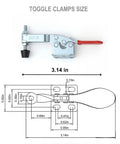 Six Pack Heavy Duty Horizontal Toggle Clamps With Quick Release Swivel And Cushioned Rubber Pads dimensions and features illustration.