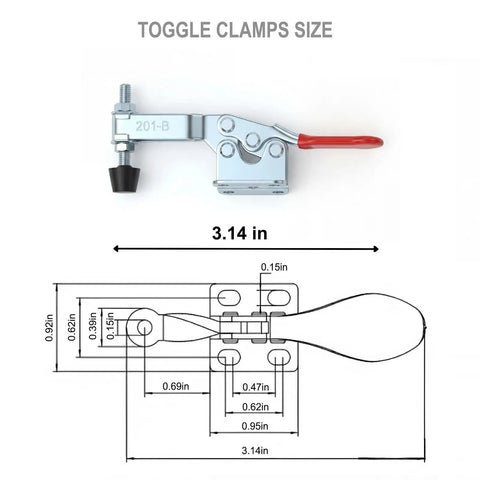 Six Pack Heavy Duty Horizontal Toggle Clamps With Quick Release Swivel And Cushioned Rubber Pads dimensions and features illustration.
