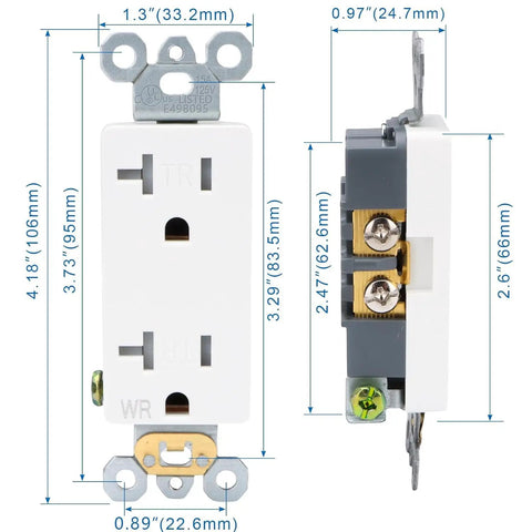 Real Deal Weatherproof Electrical Box Paired With A Beefy 20A Duplex Outlet NEMA 5 20R Surface Mount UL Listed shown with dimensions.