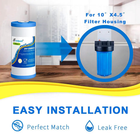 Whole House 10 Inch By 4.5 Inch Sediment Filter 5 Micron Fits Culligan GE FXHTC RFC BBSA W50PEHD GXWH40L GXWH35F GNWH38S Dupont WFHD13001 Pentek R50 BB Two Pack Great for Home Use Reduces Sediment Rust Limescale and 99 Percent Chlorine, product with easy installation graphic and filter housing example.