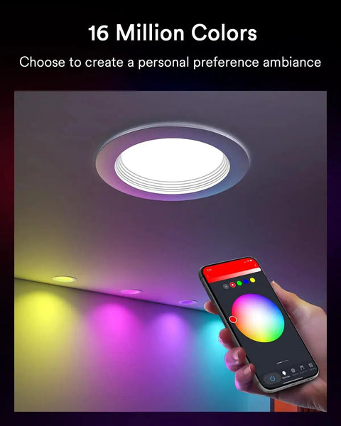 Four Pack 4 Inch LED Can Lights With WiFi, 9W 780 Lumen Color Changing Recessed Lighting controlled by smartphone app