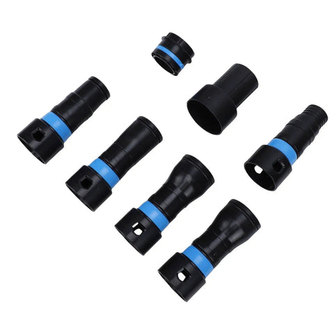 7 Piece Vacuum Hose Expansion Adapters For Dust Collection With Quick Connectors, black and blue plastic fittings for dust extraction.