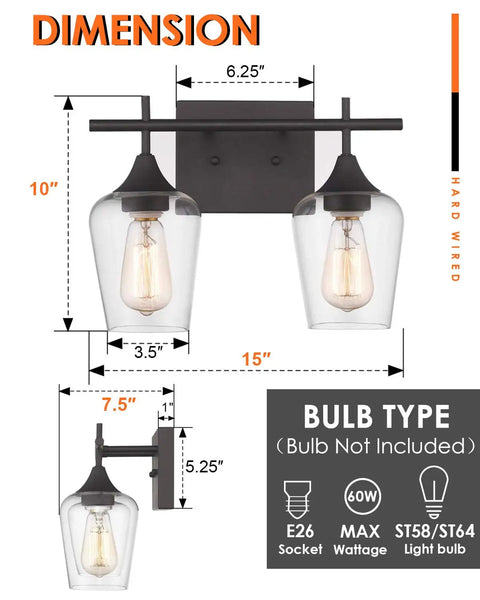 Diagram of Oil Rubbed Bronze Two Light Bathroom Vanity Fixture Over Mirror With Clear Glass Shades, dimensions shown.