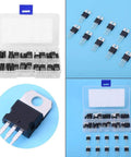60 Piece Three Pin Transistor Assortment Kit Packing Top Shelf Semiconductor Gears and Beefy Noncontact Switch Blocks For Slick Workshop Mods Inside Neatly Sorted Plastic Crate with TO-220 transistors in a clear organizer.