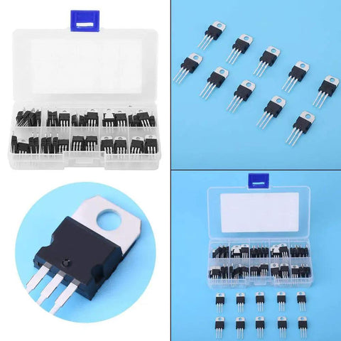 60 Piece Three Pin Transistor Assortment Kit Packing Top Shelf Semiconductor Gears and Beefy Noncontact Switch Blocks For Slick Workshop Mods Inside Neatly Sorted Plastic Crate with TO-220 transistors in a clear organizer.