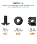 Heavy Duty Rack Mount Screws Kit With Cage Nuts And Washers 50 Pack 12-24 Thread Carbon Steel hardware set including screws, washers, cage nuts.