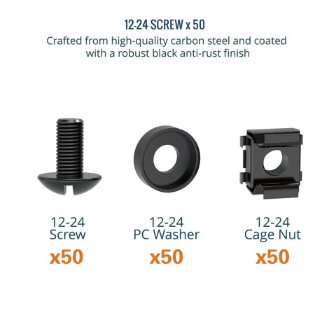 Heavy Duty Rack Mount Screws Kit With Cage Nuts And Washers 50 Pack 12-24 Thread Carbon Steel hardware set including screws, washers, cage nuts.