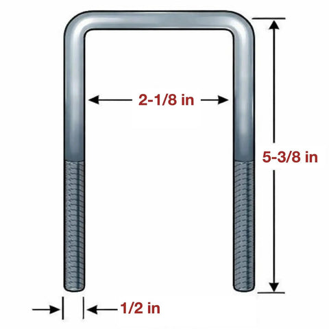 Heavy Duty Trailer Axle U-Bolt Kit With 2-1/8 x 5-3/8 Inch Square U Bolts, Plates, 1/2 Inch Hardware, And 2x2 Tube For Boat, Utility, And Camper Trailers, Stabilizes Tow And Reduces Wobble For Safer Hauling. Square U bolt with 2-1/8 in width and 5-3/8 in height