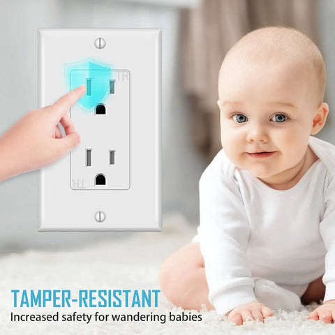 Decorator Receptacle Outlet With Wall Plate Tamper Resistant 15A 125V Residential Grade Self Grounding shown near a child