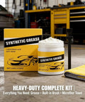 Heavy Duty Synthetic Grease Real Deal Formula Smooth As Butter handles extreme heat, 100g jar and applicator brush in kit.
