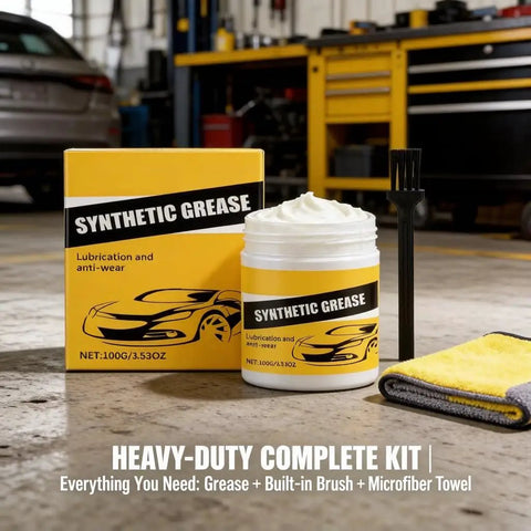 Heavy Duty Synthetic Grease Real Deal Formula Smooth As Butter handles extreme heat, 100g jar and applicator brush in kit.