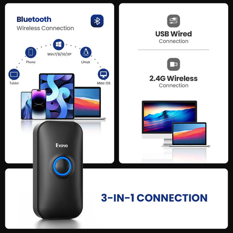 Go To Ultra Portable 1D Mini Bluetooth Barcode Scanner With 3 In 1 USB Wired Bluetooth And 2 4G Wireless Connectivity diagram