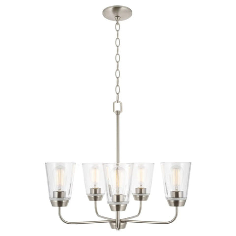 Amara 23 Inch Modern 5 Light Chandelier With Clear Glass Shades Brushed Nickel Finish Adjustable Chain Bright Chic Contemporary Ceiling Fixture For Living Room Or Dining Area