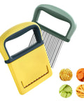 Front view of yellow and green two-pack crinkle cutters with stainless steel wavy blades for crinkle fries
