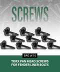 Fender Liner Bolt Set Torx Pan Head 10 Pcs For GM Trucks And SUVs 2008 To 2021 showing screws on white background.