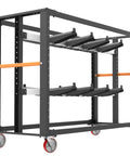 Rock Solid 8X2 Inch Swivel Casters Kingpinless Polyurethane Wheels on a sturdy workshop storage rack.