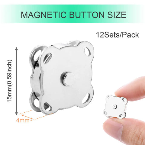 Close-up of 15mm Plum Magnetic Snap Closures for purses showing size and design in silver alloy, 12 sets per pack.