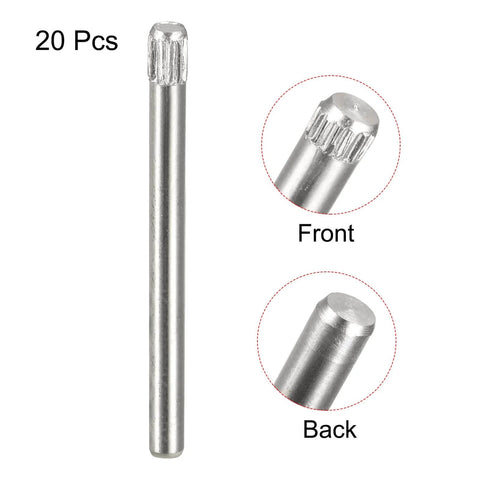 Built To Last Premium 2x25mm 304 Stainless Steel Dowel Pins With Knurled Heads, Flat Chamfered Ends, 20Pcs Set with front and back views.