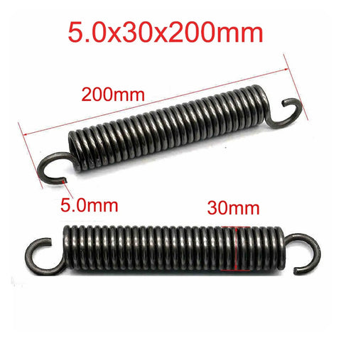 Heavy Gauge Extension Tension Springs With Secure Hook Ends deliver rock solid shock absorption, 5mm wire, 30mm diameter, 200mm long.
