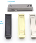 Multiple finishes of Pocket Door Pull Handle For Flush Mount Sliding Doors in brushed nickel, black, and gold with hidden screws.