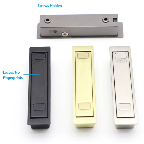 Multiple finishes of Pocket Door Pull Handle For Flush Mount Sliding Doors in brushed nickel, black, and gold with hidden screws.