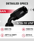 6AN Hose End Fitting Kit Straight 45 Degree And 90 Degree Swivel For CPE Braided Hose Aluminum 6061T6 Anodized Black High Flow 1500 PSI Max Working Pressure, 9/16-18 UNF
