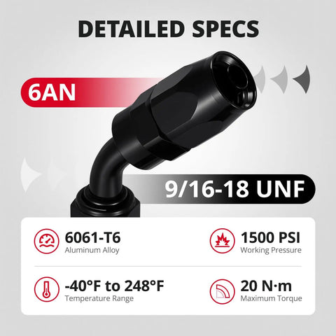 6AN Hose End Fitting Kit Straight 45 Degree And 90 Degree Swivel For CPE Braided Hose Aluminum 6061T6 Anodized Black High Flow 1500 PSI Max Working Pressure, 9/16-18 UNF