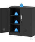 Lockable Metal Storage Cabinet With Locking Doors And Adjustable Shelves Durable Black Steel Closet For Home Office Garage Pantry Living Room 4 Keys Included And Door Stops For Quiet And Quick Access. Front view with open door showing shelves with 180 lbs weight capacity labels attached.