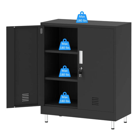 Lockable Metal Storage Cabinet With Locking Doors And Adjustable Shelves Durable Black Steel Closet For Home Office Garage Pantry Living Room 4 Keys Included And Door Stops For Quiet And Quick Access. Front view with open door showing shelves with 180 lbs weight capacity labels attached.
