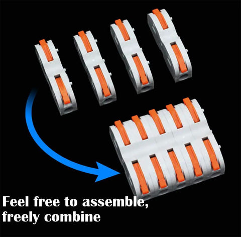 SPL-1 Compact Wire Connectors With Lever showing different configurations for plug and play connections, 250V 32A rated, nylon PA66.