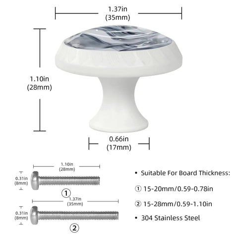 Slick One Point Three Seven Inch Marble Look Cabinet Knobs Four Pack sharp white glass pulls dimensions with silver texture.