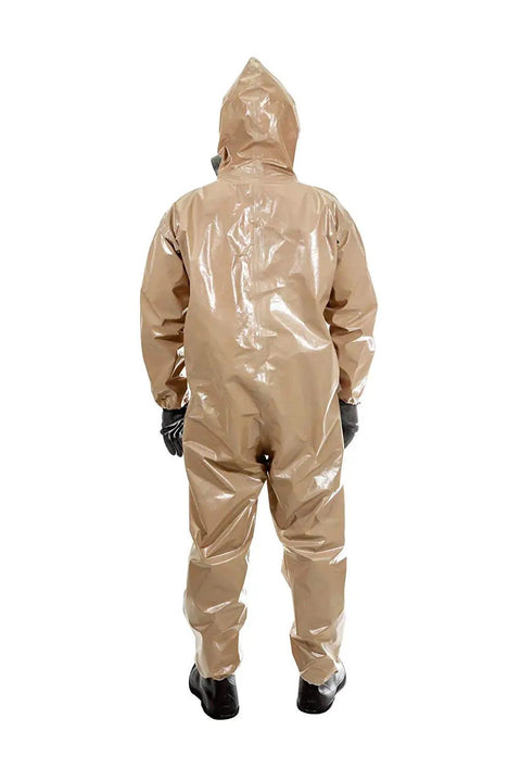 Back view of Hazmat Grade Disposable Coverall With Hood And Elastic Cuffs Size Small Medium For Emergency Responders Hospitals And Chemical Plants Handling Chemicals.