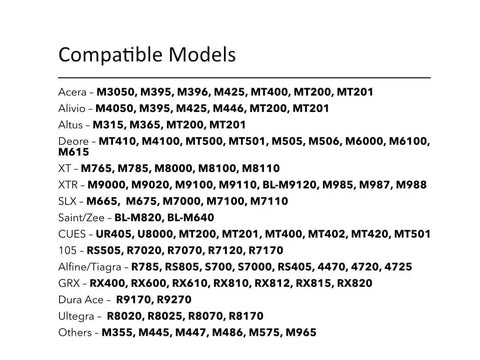 Image showing compatible models list for Shimano Brake Bleed Kit With Pro Syringe And 120ml Mineral Oil For Road And Gravel Hydraulic Brakes