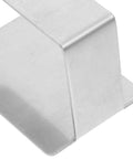 Close-up of stainless steel wall mounted lid rack's corner, part of beefy heavy duty kitchen organizer with strong bearing capacity.