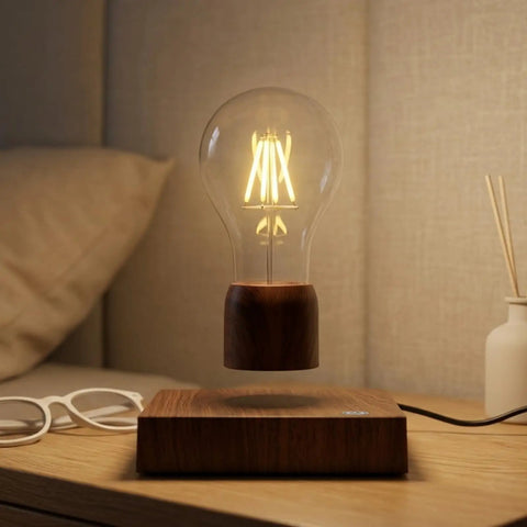 Magnetic Levitating LED Light Bulb Desk Lamp With Wireless Power floating above wooden base on a bedside table