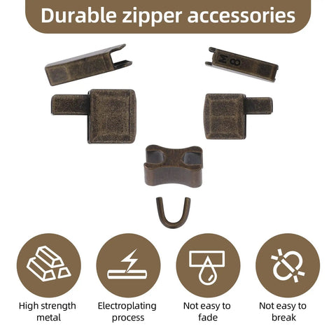 60 Piece Heavy Duty Metal Zipper Repair Kit For Jackets Luggage And Outdoor Gear Universal Zipper Fix With Top And Bottom Stops And Insertion Pins Includes 12 Sets Of Repair Pins And Stops Compatible With YKK And Ideal components displayed.