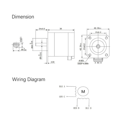Technical drawing and wiring diagram of Five Pack Nema 17 Stepper Motors 17HS4401 Two Phase Bipolar 1.5A 59.5oz.in 42x42x38mm