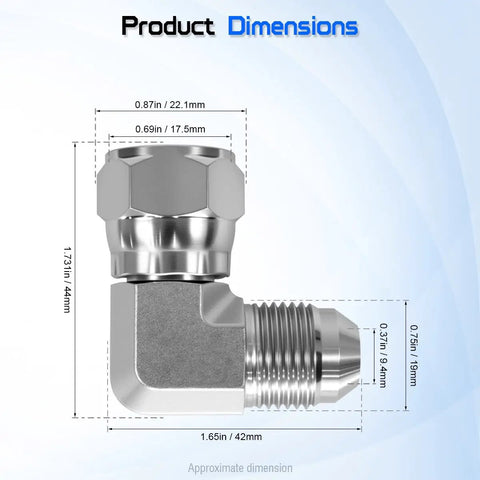 Beefy One Half Inch JIC 37 Degree Male To One Half Inch JIC 37 Degree Female Swivel Hydraulic Adapter Fitting For High Pressure SAE J514 Systems Durable Leak Free Connection For Power Packs Machinery And Industrial Hydraulics, 90-degree elbow dimensions