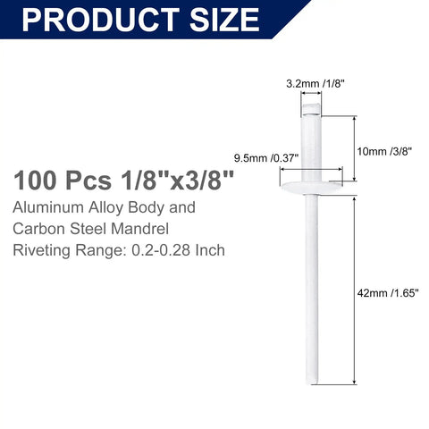 100 Pack Aluminum Blind Rivets 1/8 X 3/8 With Rugged Steel Mandrels And Broad Flanges Pro Shop Pick displayed with dimensions and material details.