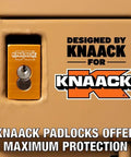 Heavy Duty Rolling Workbench Rig With Solid Heavy Gauge Steel Top And Watchman Iv Security Lock for secure tool storage close-up of Knaack padlock.