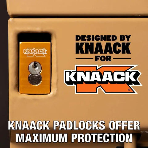 Heavy Duty Rolling Workbench Rig With Solid Heavy Gauge Steel Top And Watchman Iv Security Lock for secure tool storage close-up of Knaack padlock.