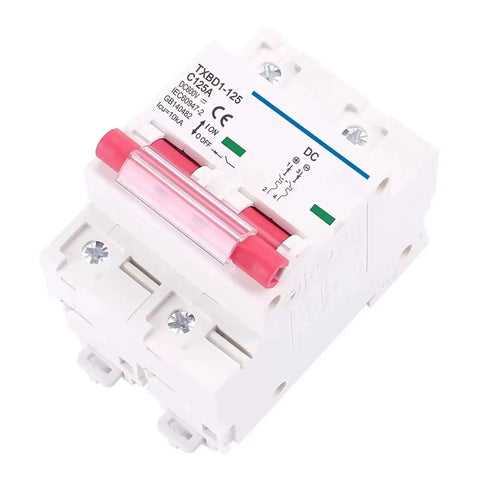 2P DC Circuit Breaker For Solar PV Systems 12-600V 80A-125A C Curve 10kA Fault Rating 35mm DIN Rail Mini MCB
