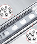 Close-up of heavy duty drawer slides with sealed ball bearings highlighting smooth motion for kitchen cabinets and desks.