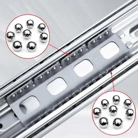 Close-up of heavy duty drawer slides with sealed ball bearings highlighting smooth motion for kitchen cabinets and desks.