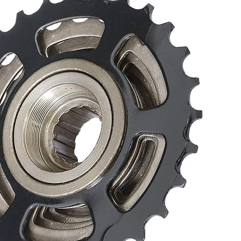 Close-up of 7-Speed Bicycle Freewheel 14-28T Sprocket Set Screw-On Replacement For Mountain And Road Bikes Brass Finish, Stainless Steel Build